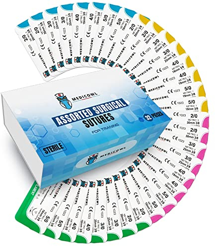 32 Fils de suture avec aiguilles pour entrainement; Recharge pour kit de suture chirurgicale. Cadeau pour étudiants en médecine étudiants vétérinaire et infirmiers, kit de suture pour entrainement