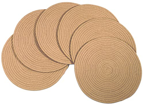 WENFOME Runde gewebte Platzsets, 35,1 cm, braune Jute, dicke Tischsets, Baumwolle, Juteseil, geflochtene Tischsets, Rattan-Tischsets, gewebte Tischsets für Esstisch, 6 Stück