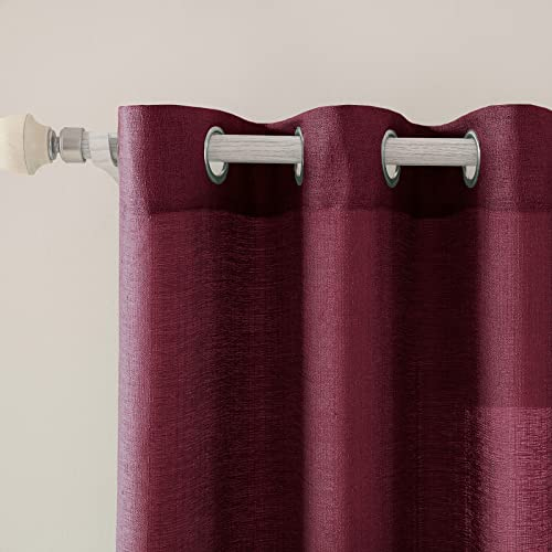 MIULEE 2er Set Voile Vorhang Sheer Leinenvorhang mit Ösen Transparente Unregelmäßige Textur Gardine Ösenschal Fensterschal Lichtdurchlässig für Schlafzimmer 145 x 140cm (H x B) Weinrot