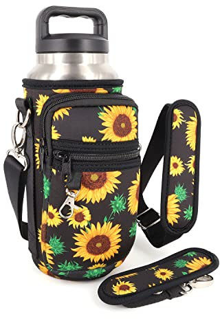 AJLTPA Water Bottle Holder with Adjustable Padded Shoulder Strap and 2 Pockets, Water Bottle Sleeve Carrier Compatible with YETI Rambler 36 oz Bottle & 40oz Hydro Flask and More (Sunflower)