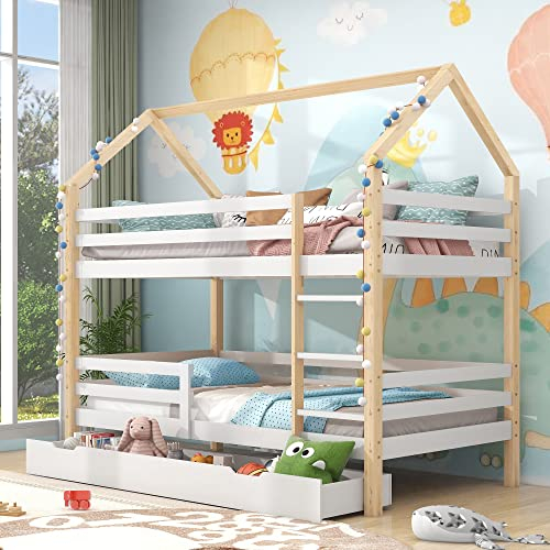 Kayan Ins und aus dem Bett kommen, Doppelbett, Kinderbett in Hausform, große Schubladen, Kiefernholz Haus Bett for Kids, Farblich abgestimmtes Kinderbett, 90 x 200 cm (Mit Schubladen)