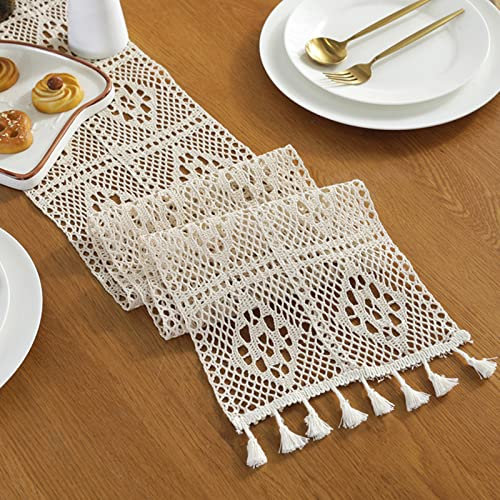 EXQUILEG Weiße Spitze Tischdecke – Vintage Spitze Weiß Stoff Tischband, Fransen Tischläufer für Deko Hochzeit Tisch Makramee Stickerei Blumen (A,24 * 220cm)