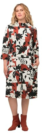 Ulla Popken Damen Sweatkleid mit Kragen und Blätterdruck Kleider, schwarz, 50-52