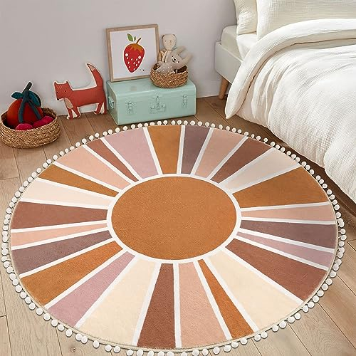 Topotdor Boho-Teppich, 122 cm, Sonne, Regenbogen, Kinderzimmer, bunt, waschbar, ultraweich, runder Teppich mit Pompons, rutschfester Akzent-Überwurf für Schlafzimmer, Eingangsbereich, Wohnzimmer,