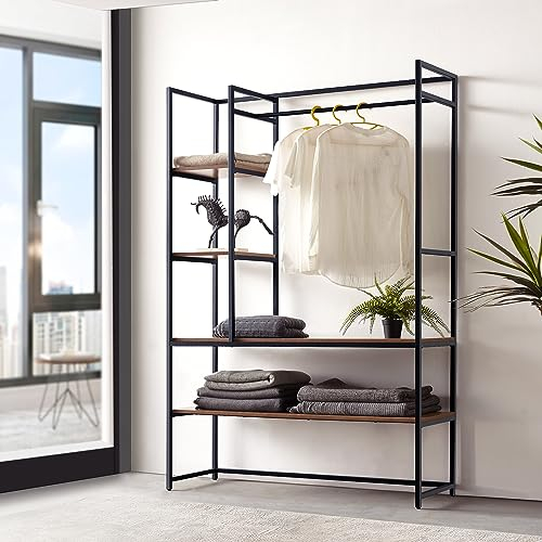 [en.casa] Kleiderständer Horgau mit Kleiderstange Garderobenständer MDF offener Kleiderschrank mit 3 Fächern und 2 Ablagen 180 x 120 x 40 cm Walnuss-Optik