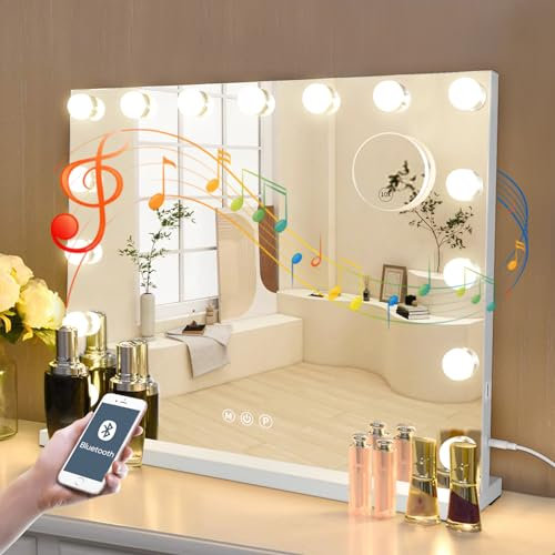 GURUN Hollywood Vanity Mirror with Lights and Bluetooth Speaker,3 Color Dimmable Lighted Makeup Mirror with 15 Led Bulbs & 10x Magnification Large Music Mirror with Smart Touch Control for Wall & Desk