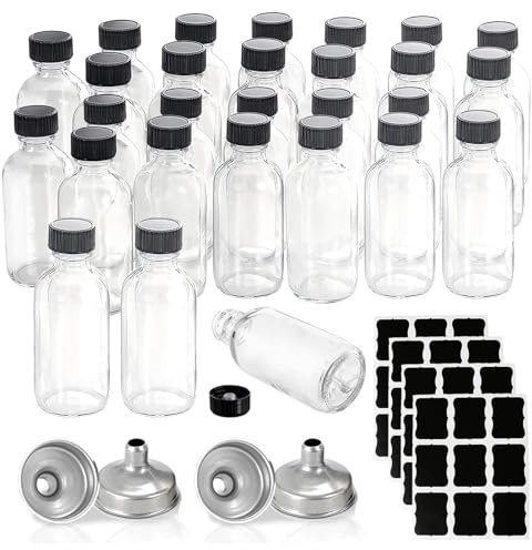 Z-synka 28Pack Whiskey Sample Bottles 2oz Set,Glass Shot Bottles with Caps for Juice,Wellness,Ginger Shots,Bourbon Whiskey,Vanilla Oils,Hot Sauce,Mini Travel Essential Bottles,NO Leakage