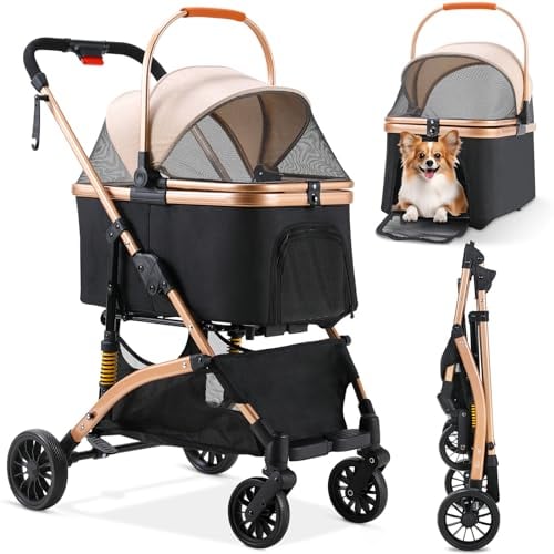 Hundebuggy 3 in1 Hundewagen Hundebox Transporttasche,Faltbar klappbar Katzenwagen,Bis 20kg,4 PCS 360° Verschleißfeste Gummiräder, Ablagekorb, Getränkehalter,für kleine Hunde Katz, Champagner