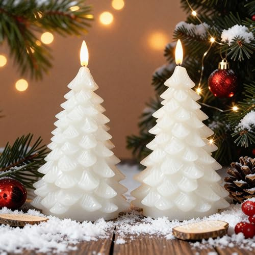 LUSHARBOR Christmas Tree Candles, 2Pack Flameless Candles with Remote White | Real Wax Battery Operated Candles with Remote, LED Christmas Candles Tree Shape, Holiday Table Centerpieces Home Decor