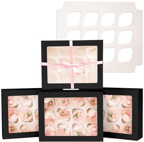 Gcardist Automatischer Popup 12 Cupcake-Boxen mit Fenster Schwarz 12 Stück Cupcake-Boxen 33x25,4x9cm Bäckerei-Boxen für Cupcake-Träger, Cupcake-Behälter (13x10x3.5 inch)