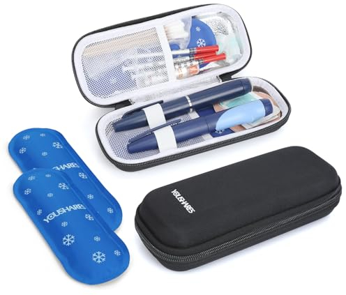 YOUSHARES Insulin Kühltasche - TSA Eva Etui Tasche für Insulin Pen, Epipen, Insulin und andere Diabetes Zubehör - Mini Medikamente Kühlbox auf Reisen, Klein Isoliertasche mit 2 Kühlakkus (Schwarz)