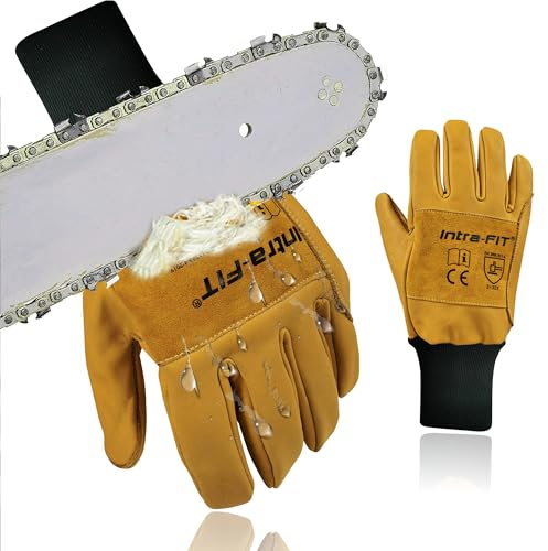 Intra-FIT Guantes de protección para motosierra, guantes de motosierra con protección para mano izquierda, guantes forestales de seguridad de piel de vacuno impermeable, clase 2, EN ISO 11393-4, EN
