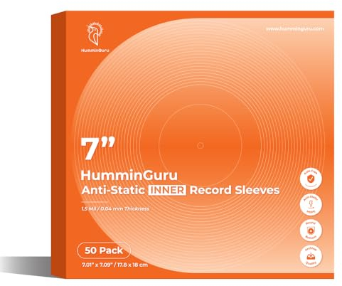 HumminGuru Vinyl Record Inner Sleeve 7 Inch, Acid Free & Anti Static Vinyl Sleeves, 1.5Mil HDPE Inner Record Sleeves, Round Bottom Record Sleeves for Album Covers 50 Pack (7“ Inner Sleeves)