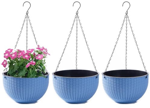 WOWEI Blumenampel Hangend 3er Set Hängeampel mit Wasserspeicher & Ablaufloch Selbstbewässerung Blumenampel Outdoor Indoor Hängeampel Pflanzen mit Ketten Blumentopf Hängepflanztöpfe (Blau, S:3 Set)