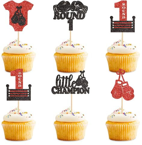 Ercadio 25 Pack Boxing Player Cupcake Toppers Black Red Glitter Boxing Gloves Cupcake Picks Boxer Gym Theme Round 1 Little Champion Baby Shower Birthday Party Cake Decorations Supplies