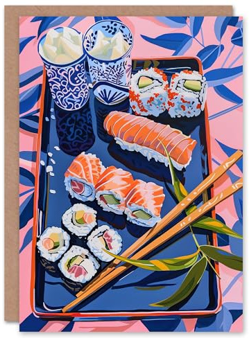 Artery8 Greeting Card Sushi Colourful Stylised Food Flatlay Painting Blank For Him Or Her Art Birthday Card