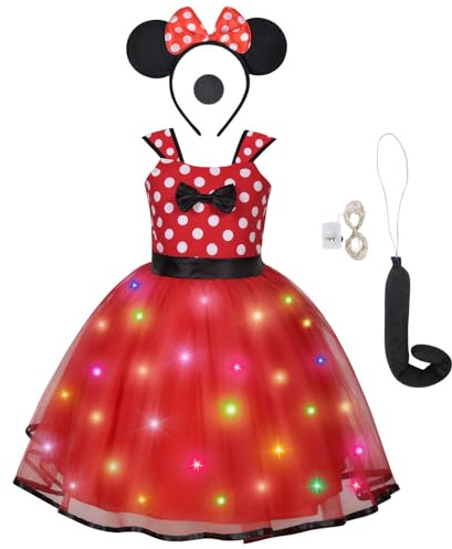 ACWOO Costume de princesse Minnie lumineux pour petite fille – Costume de Minnie à pois avec serre-tête, nez, queue, carnaval, Halloween, fête d'anniversaire, cosplay