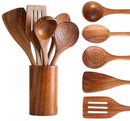 CENXI Lot de 6 cuillères en bois pour la cuisine, ustensiles de cuisine, spatules de cuisine en bois de teck naturel avec support d'ustensiles, ustensiles de cuisine en bois à prise confortable pour