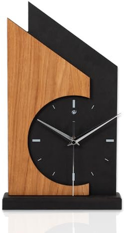 Standuhr „Skyscraper“ aus Holz – Schwarze Tisch-Uhr mit brauner Eiche-Applikation; Größe ca. 34,5x20x5cm (Applikation Eiche braun, leises Funkuhrwerk)
