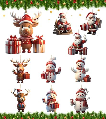 TAKONE 10 Stück Weihnachtsbaum Deko – 2D Acryl Anhänger für Weihnachten, 2024 Lustige Hängende Weihnachtsdekorationen für Tür, Fenster, Innen- und Außendekoration
