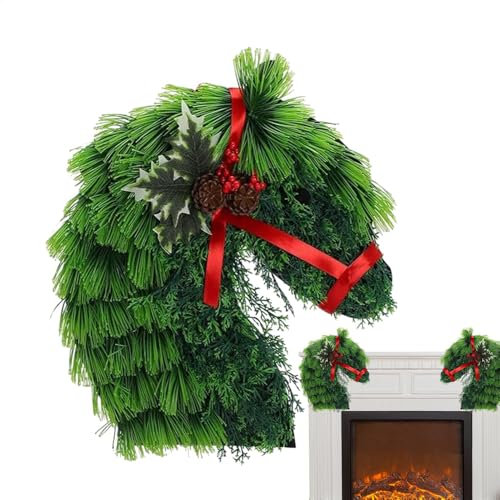 Pferdekopf-Weihnachtskranz, Pferdekopf- - Weihnachten Pferdeköpfe Türkranz - Haustürkränze, Weihnachtskranz für den Außenbereich, Weihnachtsgrün, saisonale Dekoration für Weihnachten