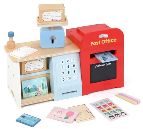 SOKA Wooden Post Office Play Set with Stamps and Mail Creative Pretend Play Toy Role Playset Educational Montessori Developmental Game for Kids Children Boys Girls Age 3+