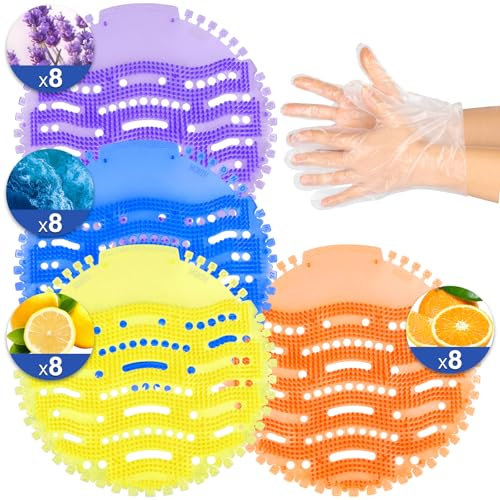 32 PACK Urinal Screen Deodorizer with 100 Gloves-3D Wave Anti-Splash Odor Protection Urinal Cakes for Men Toilets，Four Scents Urinal Mats，Long-Lasting Fragrance Lasts for 30 Days