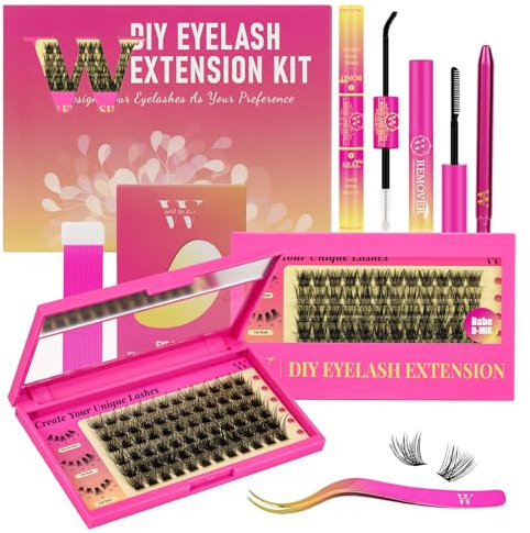 Kit de cils Kit d'extension de cils avec 144 cils en grappe, applicateur de colle et de dissolvant de cils, outil complet (2 styles - D-10-16 mm)