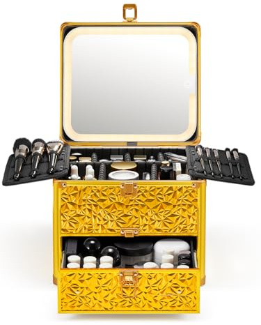 Qislee Make-up-Box mit Schublade und abnehmbarem beleuchtetem Spiegel, wasserdichter Reisekoffer, Kosmetik-Organizer und Make-up-Koffer mit verstellbaren Trennwänden, magnetischem LED-Spiegel