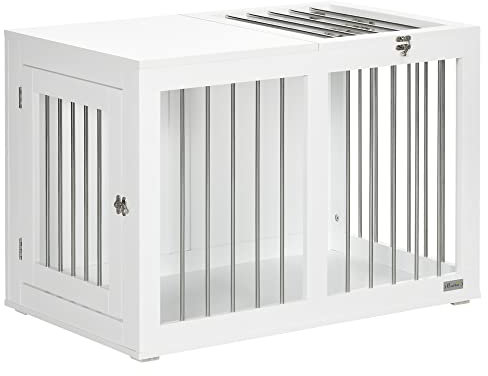 PawHut Gabbia per Cani con 2 Porte Bloccabili, Casetta per Cani Taglia Media da Interno, Acciaio e MDF, 80x50x56.5 cm, Bianco