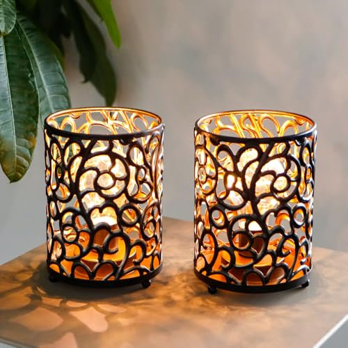 JHY DESIGN Set of 2 Metal Battery Operated Table Lamp Vintage Cordless Lantern Lights with 6-Hours Timer Fairy Lights for Home Decor Living Room Bedroom Indoor Outdoor Wedding (Black)