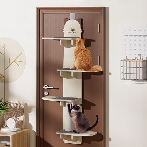 HNBYLMM Door Hanging Cat Shelf, 4-Level Door Hanging Cat Tree, Over The Door Cat Climber, Vertical Space for Cats Door Hanging, with Cats Scratching Board & Plush Ball, No Drilling Design
