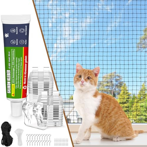 Aystkniet Katzennetz für Balkon Ohne Bohren inkl. Klebehaken & Silikonkleber, 8×3M Katzennetz Drahtverstärkt, Biss-und reißfestes Balkonnetz, UV-beständig katzenschutznetz für Fenster Terrasse Tür