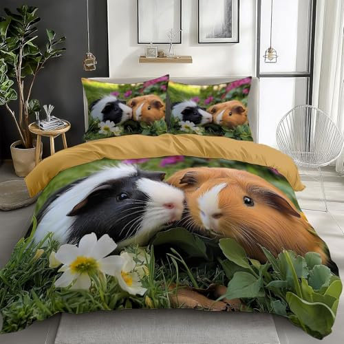 Generisch Grün Bettwäsche 180x200 cm Süßes Meerschweinchen auf dem Gras 3teilig Bettwäsche-Sets Kinder Mikrofaser Baumwolle, Soft Jungen Mädchen Bettwaren Bettbezug mit 2 Kissenbezug 80x80 cm