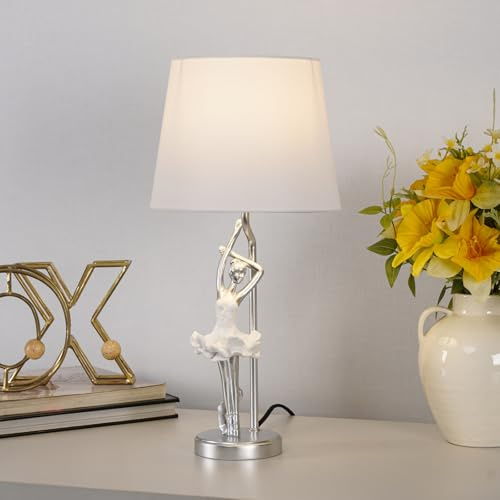 SUPERHONGJIHAO Ballett Tänzer Tischlampe, Weiß und Gold, 19 Zoll Höhe, Meerjungfrau Schatten Design, LED kompatibel, Dekorative Schlafzimmer Licht
