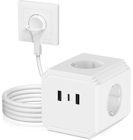 3 Fach Würfel Steckdosenleiste, AOUOO Cube 𝗙𝗹𝗮𝗰𝗵𝘀𝘁𝗲𝗰𝗸𝗲𝗿 Steckdosenadapter mit 2M Kabel, 7 in 1 Mehrfachstecker Power Cube mit Schalter(2 USB/1 Type-c), 3680W/16A für Büro, Hause, Weiß