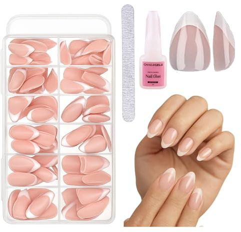 120Pcs Short Almond French Tip Press on Nails Nude Soft False Nail Tips Full Cover Stick on Artificial for Women Girls DIY Manicure Ellipse Shape Fake Art Set Summer Decorations