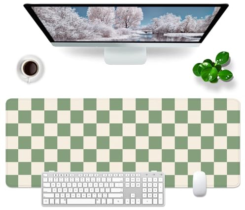 Retro Desk Mat Green Large Gaming Mouse Mat Beige Keyboard Mouse Pad XL Desk Pad Women Office Accessories (Grid - Green)