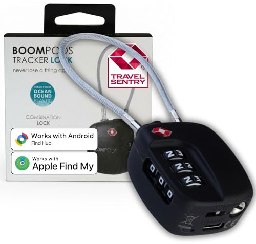 Boompods Tracker Lock – TSA-Zugelassenes Gepäckschloss mit Ortungsfunktion, tragbarer Gegenstandsfinder für Koffer & Taschen, Wasserdichtes Zahlenschloss, kompatibel Android mit Apple, Grau