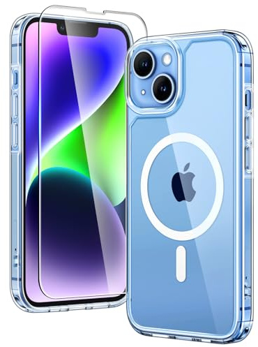 TAURI für iPhone 14 Plus Hülle 6,7 mit Schutzfolie - Durchsichtig | Kompatibel mit MagSafe, Schutz nach Militärstandard, [Anti-Vergilbung] Stoßfest Magnetisch Handyhülle