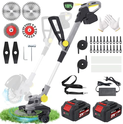 Coupe-Bordures sans Fil 21 V avec Brosse Anti-Mauvaises Herbes, débroussailleuse et Coupe-Bordures 2 en 1,Moteur sans balais de 750 W,6 Lames différentes,2 Batteries 4,0 Ah et Chargeur-Gris foncé