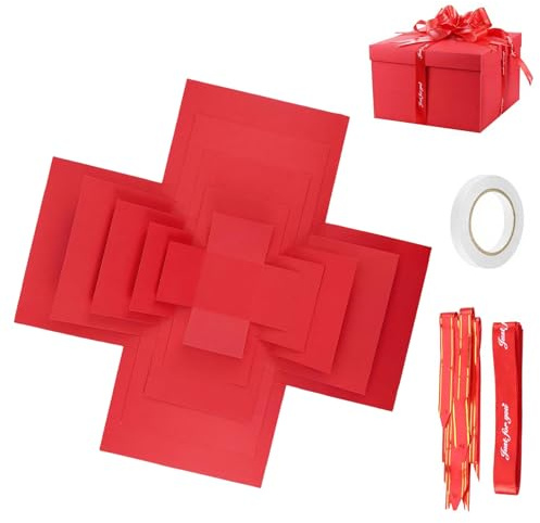 5 Lagige Kreative Explosionsbox, DIY Süßigkeiten Überraschungsbox mit Klebeband und Band, Geschenkbox mit Deckel, Wiederverwendbar, für Geburtstag, Weihnachten, Jubiläum, Muttertag, Rot