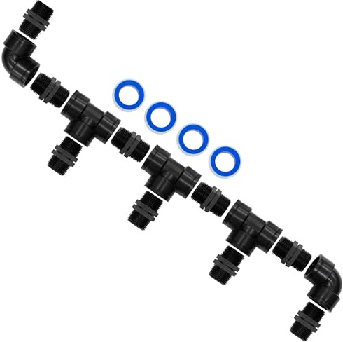 AERZETIX Kit di raccordo a 5 vie 1 in plastica / 9 nippli uguali / 3 raccordi a T / 2 gomiti 90° / 4 rotoli di nastro PTFE 10 m