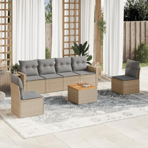 mtlskopl Salon de jardin beige 7 pièces en polyrotin - 55 x 62 x 69 cm - Tablettes pliables - Table en bois d'acacia - Résistant aux intempéries - Pour jardin, terrasse, balcon et jardin d'hiver