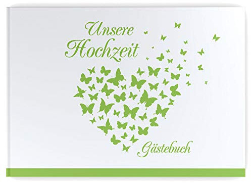 DeinWeddingshop Gästebuch Hochzeit Schmetterling - Hardcover, mit Fragen, A4 Quer, Butterfly Heart (hell grün)