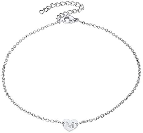 FindChic Bracelet de Chaine de Cheville Femme Gourmette Pied Lettre M Initiale Coeur Gravé Chaine Maille Alphabet Acier Inoxydable Bijoux Cadeau Plage Eté Vacance Petite Amie