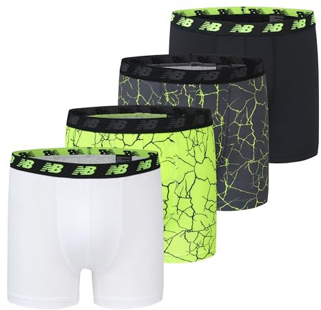 New Balance Boys' 3.5 Performance Boxer Briefs Trunks Underpants (4 Pack), White/Hi-Lite/Black/Hi-Lite Print, Large
