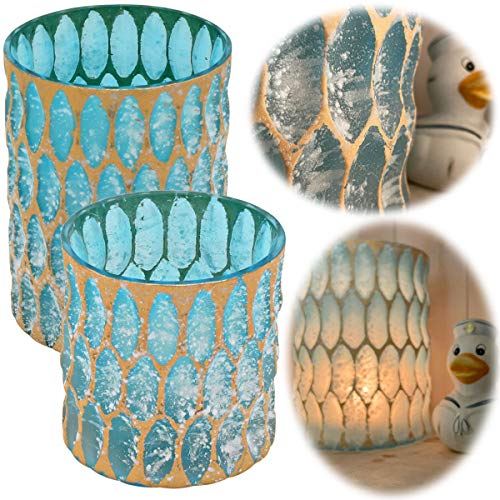 LS-LebenStil XL Exklusives Teelichtglas 15x11cm Crystal Blau Gold Weiß Teelichthalter Windlicht-Halter Kerzenständer