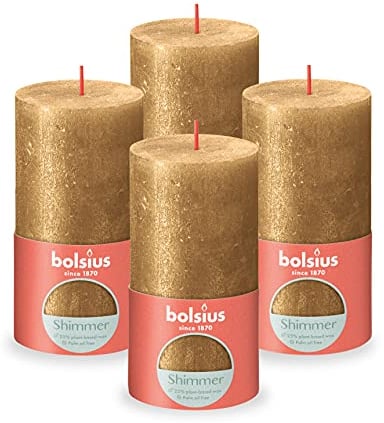 Bolsius Rustik Stumpenkerzen - Shimmer Gold - Set 4 Stück - Dekorative Haushaltkerzen - Länge Brenndauer 60 Stunden - Unparfümierte - Natürliches Pflanzenwachs - Ohne Palmöl - 13 x 7 cm