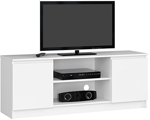 AKORD | Mobile per TV in Legno K 140 | Mobiletto Porta Televisione Soggiorno | un ripiano aperto | 2 Ripiani con Ante a Sinistra e a Destra | 55 x 140 x 40 cm | Peso 40kg | ColoreBianco